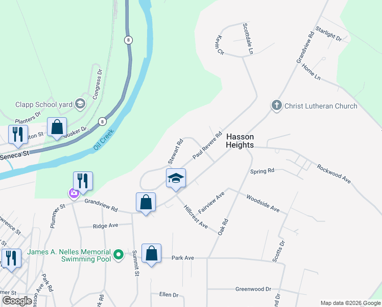 map of restaurants, bars, coffee shops, grocery stores, and more near 29 Paul Revere Road in Oil City