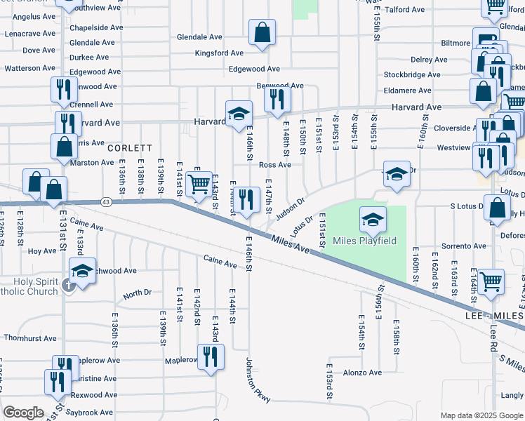 map of restaurants, bars, coffee shops, grocery stores, and more near 4204 East 147th Street in Cleveland