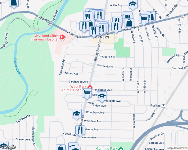 map of restaurants, bars, coffee shops, grocery stores, and more near 4037 Rocky River Drive in Cleveland