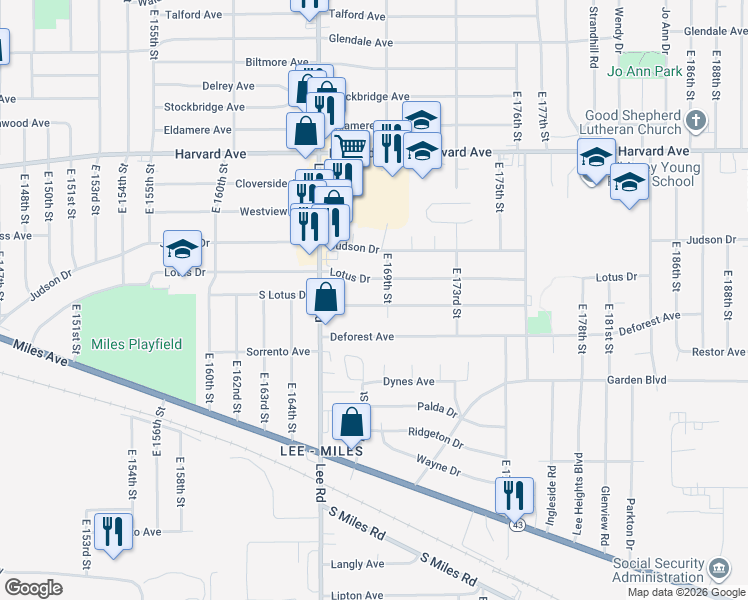 map of restaurants, bars, coffee shops, grocery stores, and more near 16801 Holly Hill Drive in Cleveland