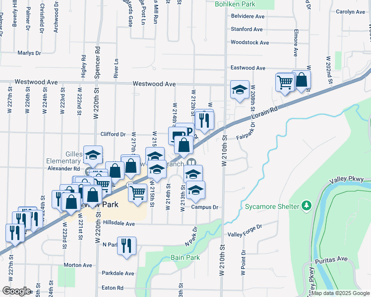 map of restaurants, bars, coffee shops, grocery stores, and more near 21280 Lorain Road in Fairview Park