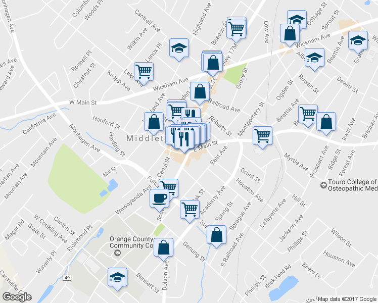 map of restaurants, bars, coffee shops, grocery stores, and more near 2 North Street in Middletown