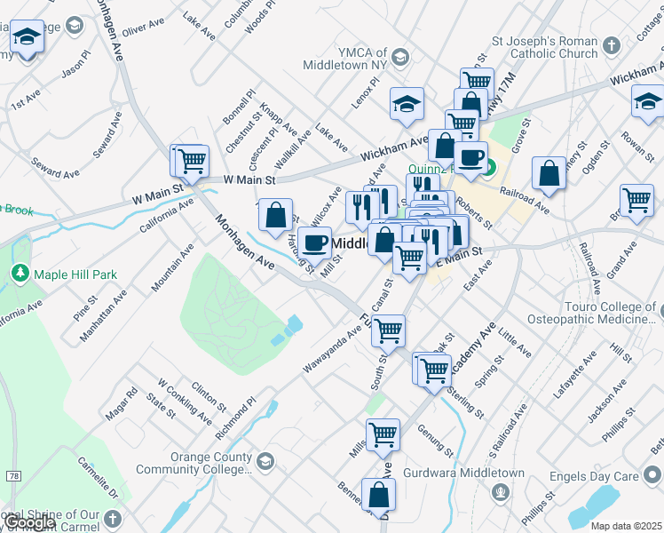 map of restaurants, bars, coffee shops, grocery stores, and more near 29 Mill St in Middletown