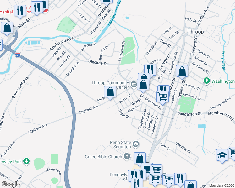 map of restaurants, bars, coffee shops, grocery stores, and more near 121 Charles Street in Throop
