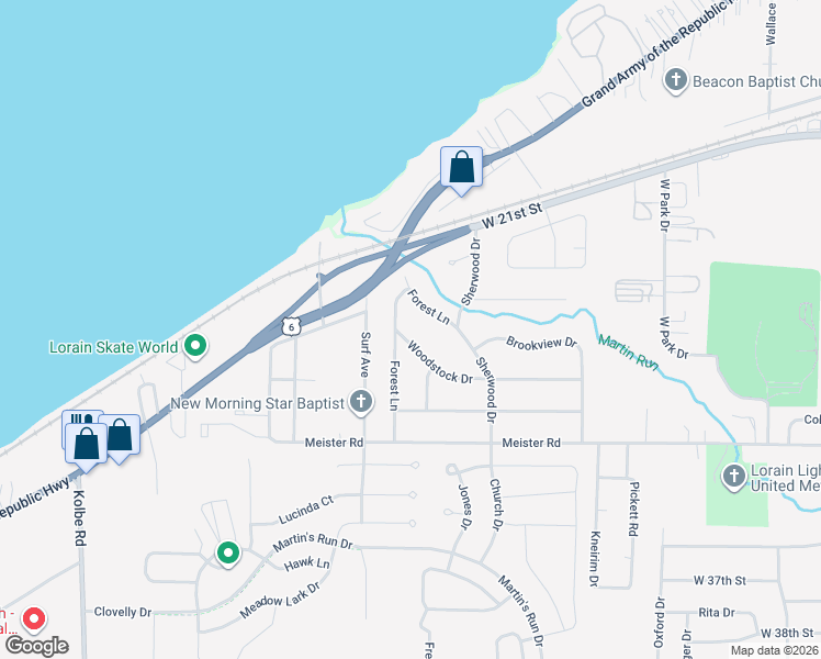 map of restaurants, bars, coffee shops, grocery stores, and more near 4256 Woodstock Dr in Lorain