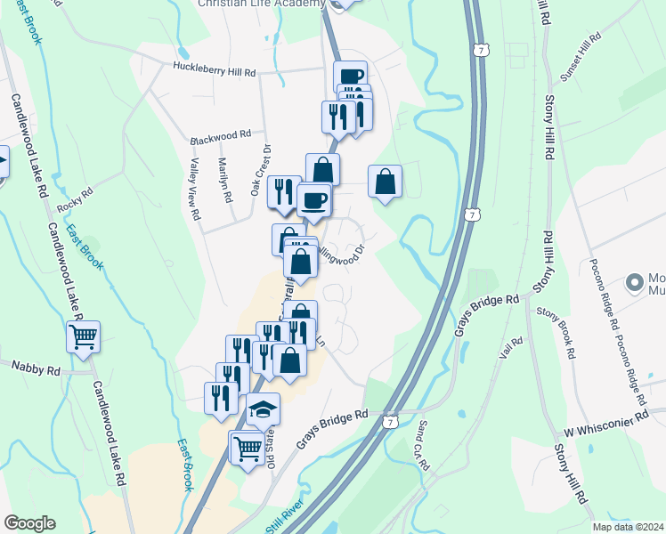 map of restaurants, bars, coffee shops, grocery stores, and more near 12 Rollingwood Drive in Brookfield