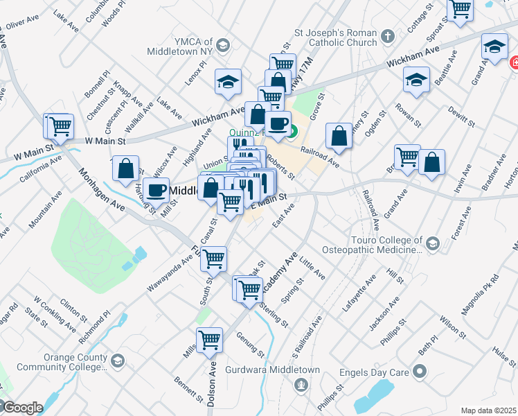 map of restaurants, bars, coffee shops, grocery stores, and more near 2 North Street in Middletown