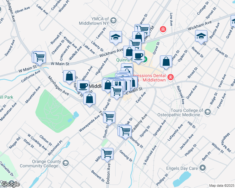 map of restaurants, bars, coffee shops, grocery stores, and more near 5 West Main Street in Middletown