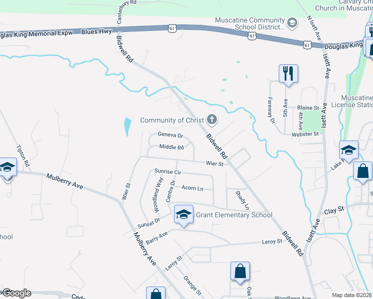 map of restaurants, bars, coffee shops, grocery stores, and more near 126 Middle Road in Muscatine
