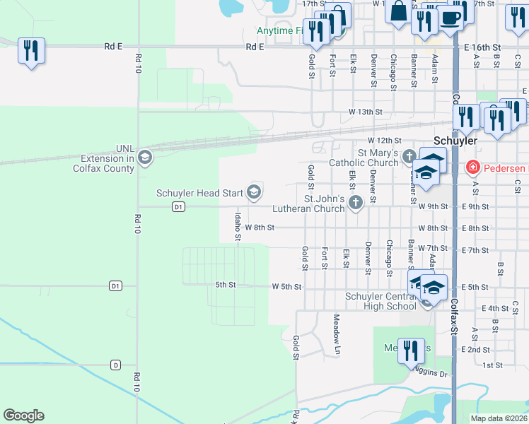 map of restaurants, bars, coffee shops, grocery stores, and more near 841-1053 West 9th Street in Schuyler