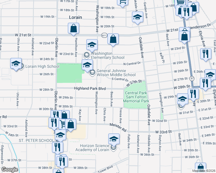 map of restaurants, bars, coffee shops, grocery stores, and more near 908 Highland Park Boulevard in Lorain