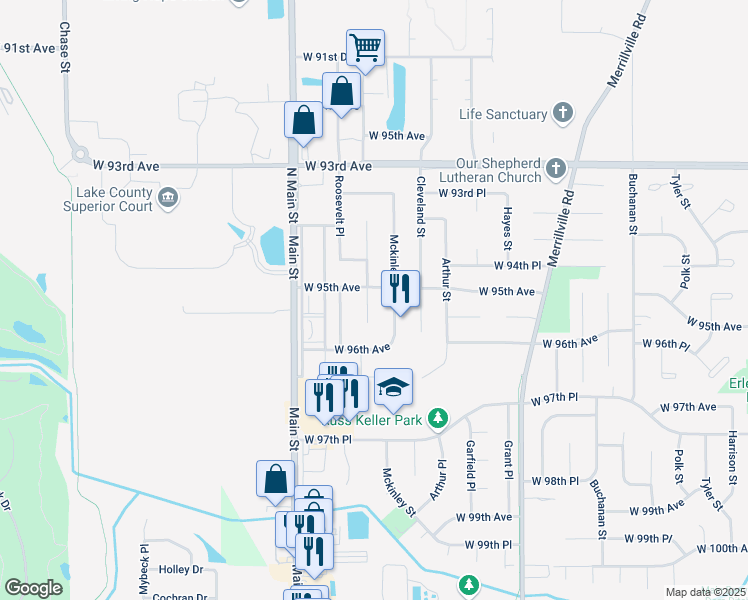 map of restaurants, bars, coffee shops, grocery stores, and more near 9515 Roosevelt Street in Crown Point