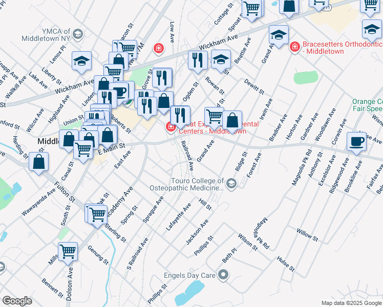 map of restaurants, bars, coffee shops, grocery stores, and more near 1 Myrtle Avenue in Middletown