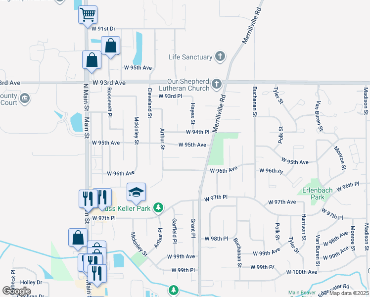 map of restaurants, bars, coffee shops, grocery stores, and more near 1717 W 95th Ave in Crown Point