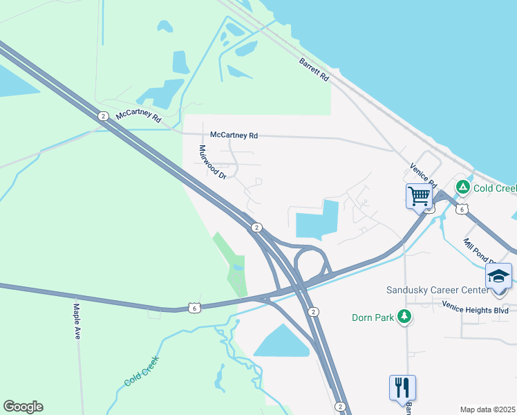 map of restaurants, bars, coffee shops, grocery stores, and more near 355 Windswood Way in Sandusky