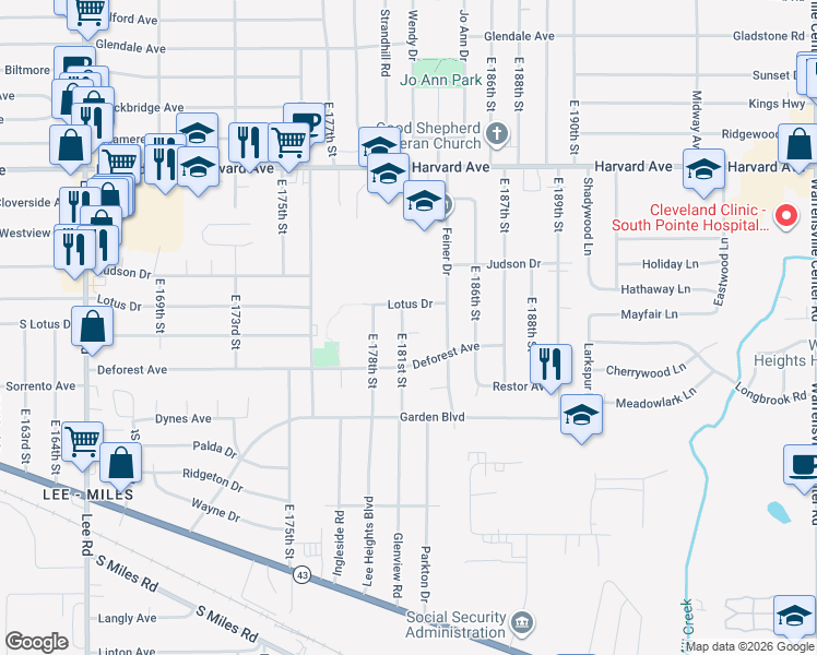 map of restaurants, bars, coffee shops, grocery stores, and more near 4183 East 181st Street in Cleveland
