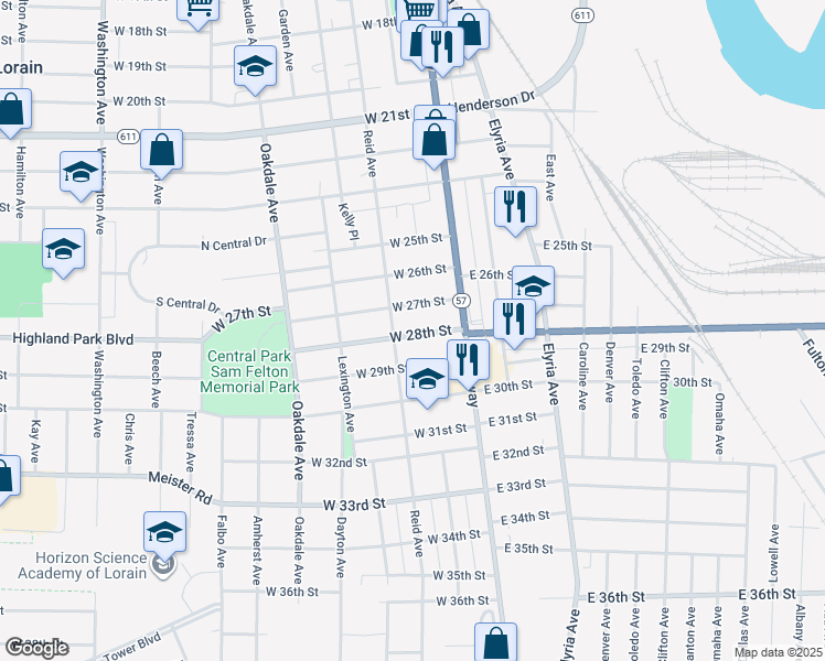 map of restaurants, bars, coffee shops, grocery stores, and more near 212 West 28th Street in Lorain
