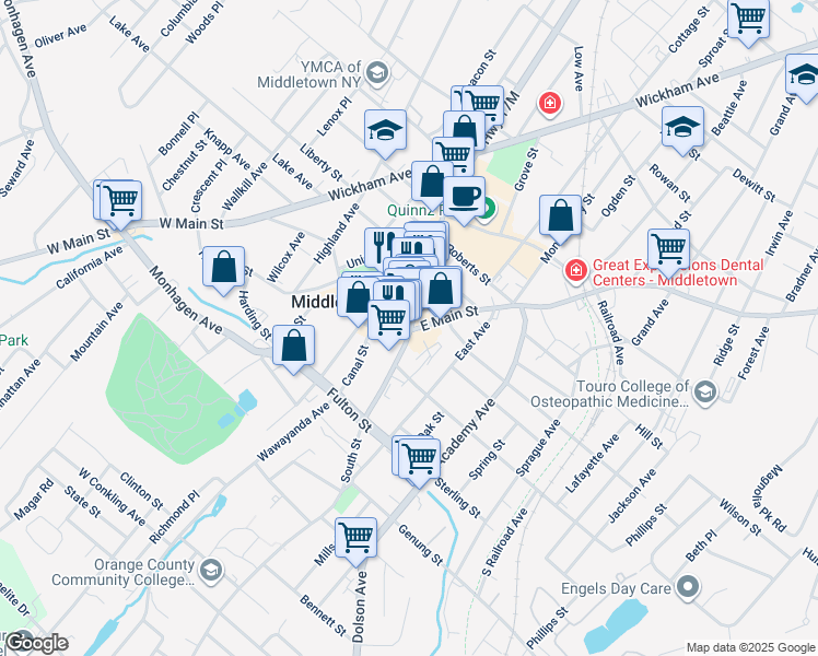 map of restaurants, bars, coffee shops, grocery stores, and more near 2 North Street in Middletown