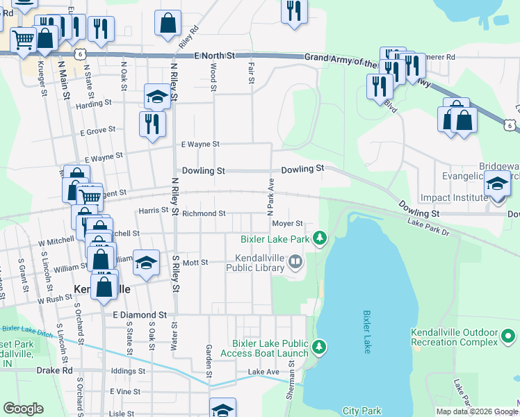 map of restaurants, bars, coffee shops, grocery stores, and more near 767-799 Richmond Street in Kendallville