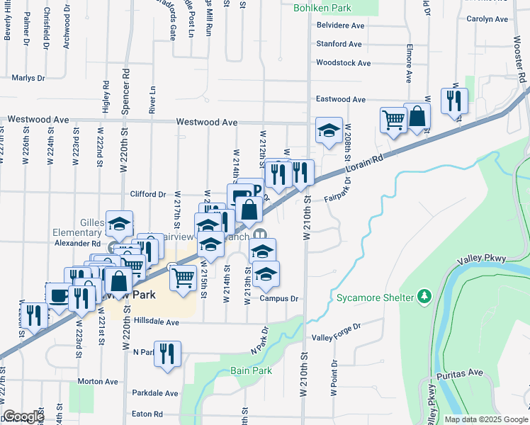 map of restaurants, bars, coffee shops, grocery stores, and more near 21225 Lorain Road in Cleveland
