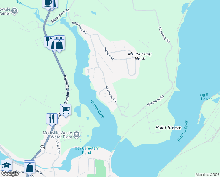 map of restaurants, bars, coffee shops, grocery stores, and more near 160 Kitemaug Road in Montville