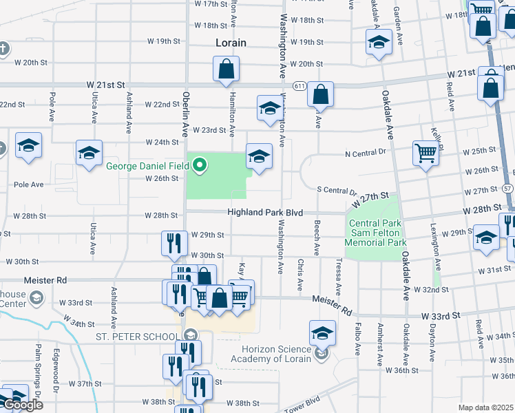 map of restaurants, bars, coffee shops, grocery stores, and more near 1030 Highland Park Boulevard in Lorain