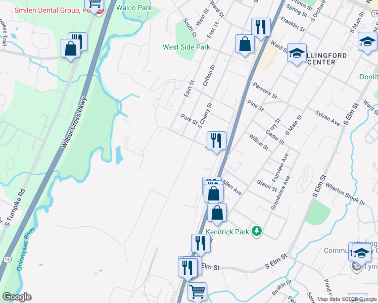 map of restaurants, bars, coffee shops, grocery stores, and more near South Cherry Street in Wallingford
