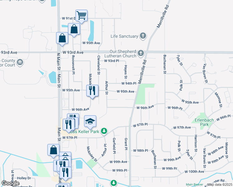 map of restaurants, bars, coffee shops, grocery stores, and more near 1717 West 95th Avenue in Crown Point