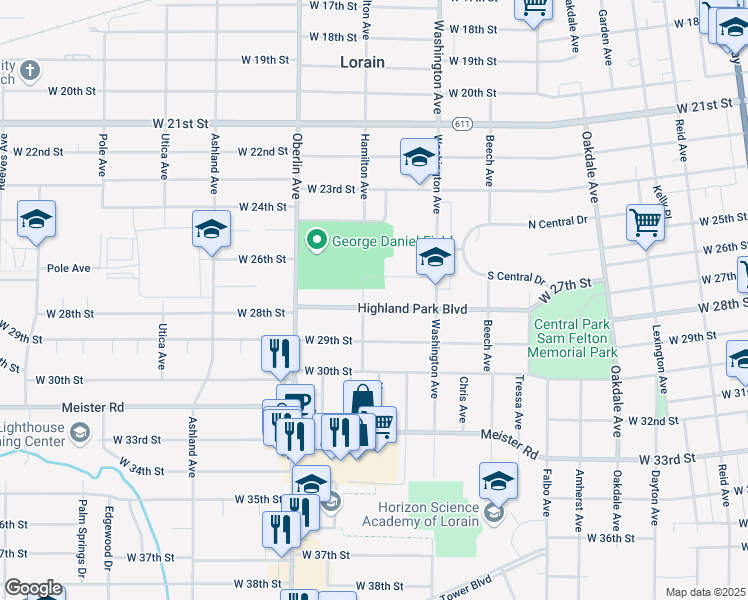 map of restaurants, bars, coffee shops, grocery stores, and more near 1056 Highland Park Boulevard in Lorain
