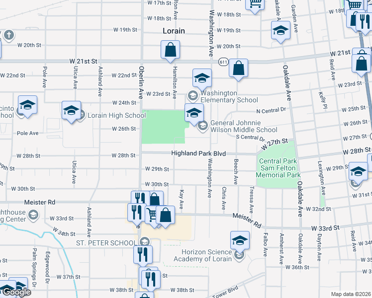 map of restaurants, bars, coffee shops, grocery stores, and more near 1058 Highland Park Boulevard in Lorain