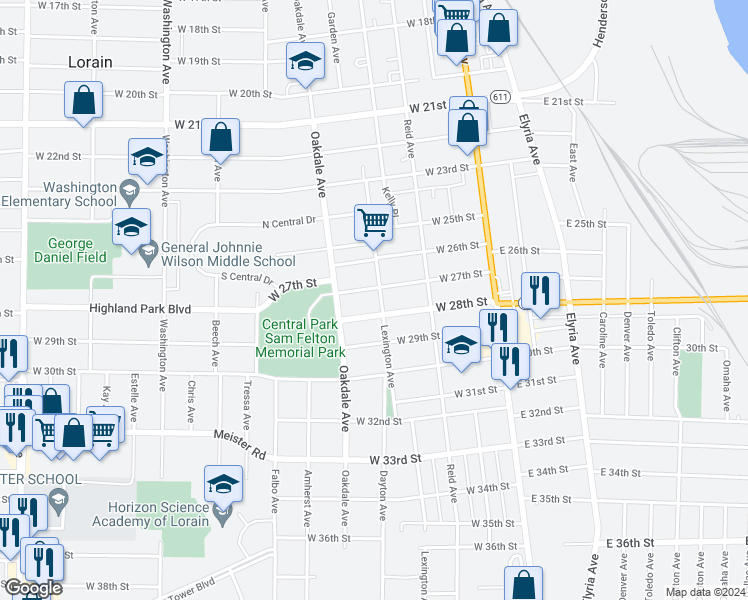 map of restaurants, bars, coffee shops, grocery stores, and more near 2722 Lexington Avenue in Lorain