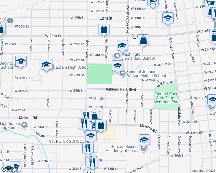 map of restaurants, bars, coffee shops, grocery stores, and more near 1058 Highland Park Boulevard in Lorain