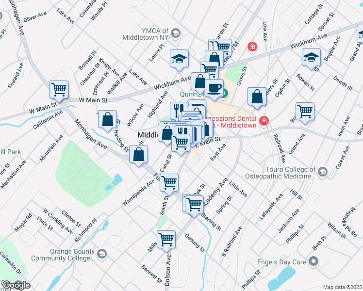 map of restaurants, bars, coffee shops, grocery stores, and more near 5 West Main Street in Middletown