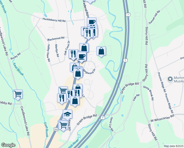map of restaurants, bars, coffee shops, grocery stores, and more near 9 Essex Court in Brookfield