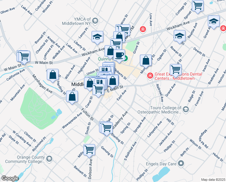 map of restaurants, bars, coffee shops, grocery stores, and more near 2 North Street in Middletown