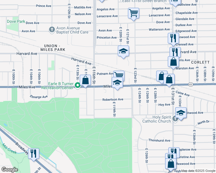 map of restaurants, bars, coffee shops, grocery stores, and more near 11708 Miles Avenue in Cleveland
