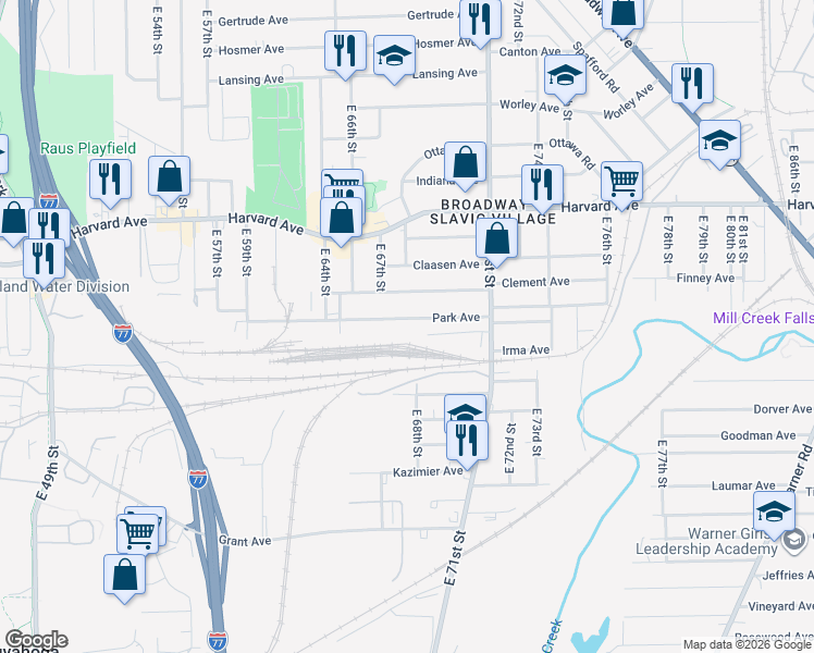 map of restaurants, bars, coffee shops, grocery stores, and more near 4200 East 71st Street in Cleveland