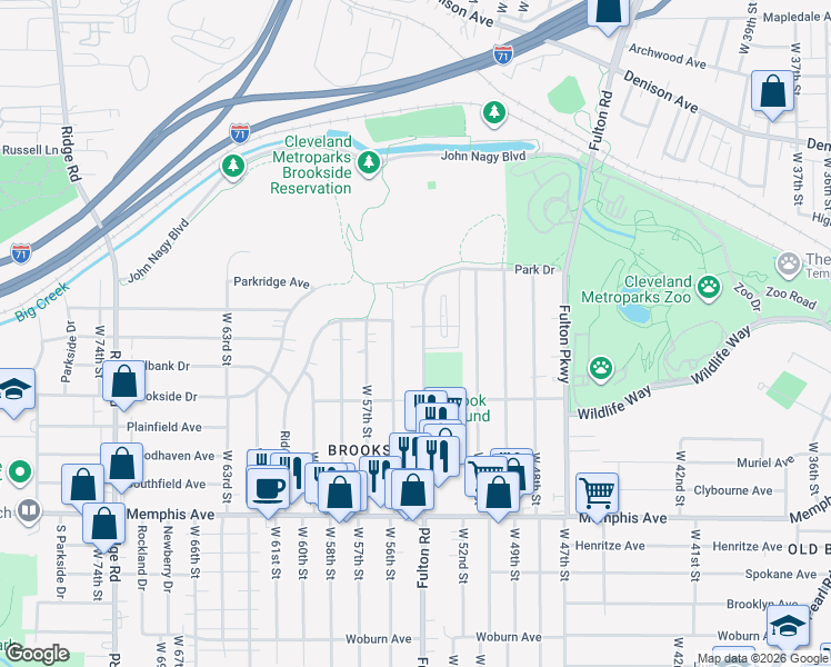 map of restaurants, bars, coffee shops, grocery stores, and more near in Cleveland