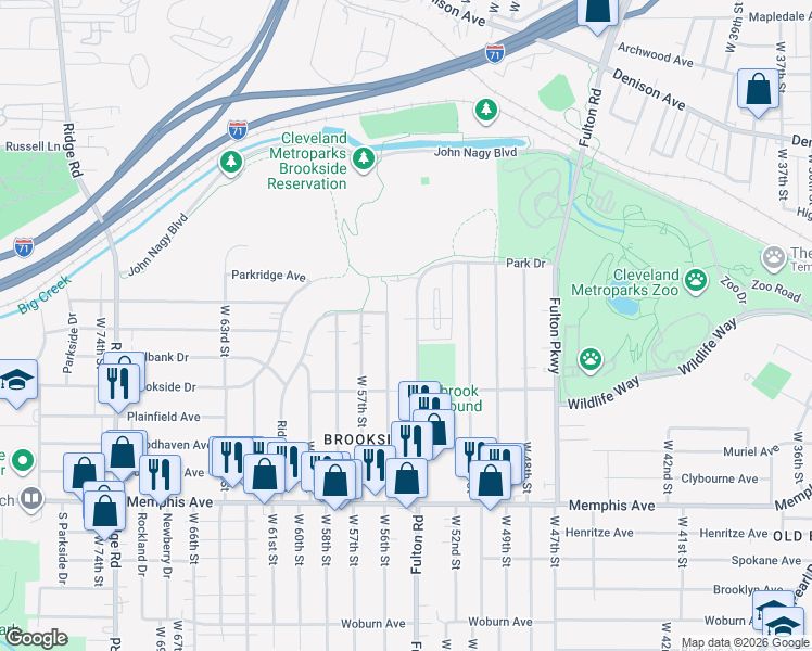 map of restaurants, bars, coffee shops, grocery stores, and more near 4099 West 56th Street in Cleveland