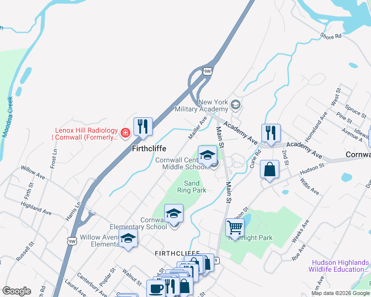 map of restaurants, bars, coffee shops, grocery stores, and more near 84 Mailler Avenue in Cornwall