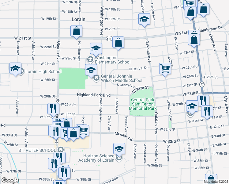 map of restaurants, bars, coffee shops, grocery stores, and more near 908 Highland Park Boulevard in Lorain