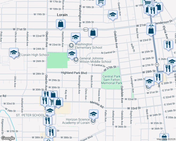 map of restaurants, bars, coffee shops, grocery stores, and more near 908 Highland Park Boulevard in Lorain
