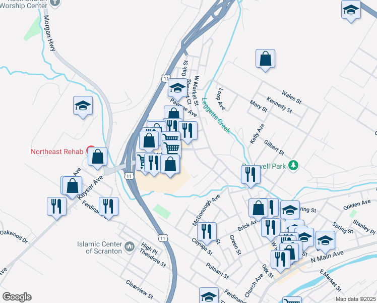 map of restaurants, bars, coffee shops, grocery stores, and more near 741 Oak Street in Scranton