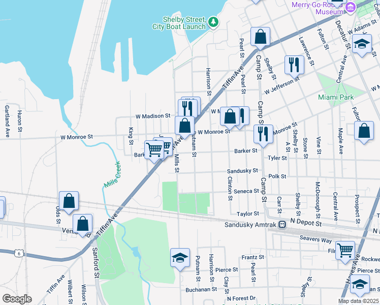map of restaurants, bars, coffee shops, grocery stores, and more near 1925 Barker Street in Sandusky