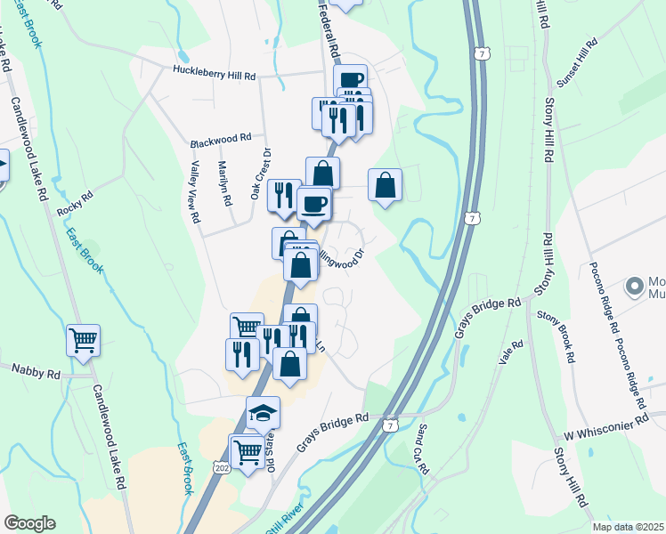 map of restaurants, bars, coffee shops, grocery stores, and more near 12 Rollingwood Drive in Brookfield