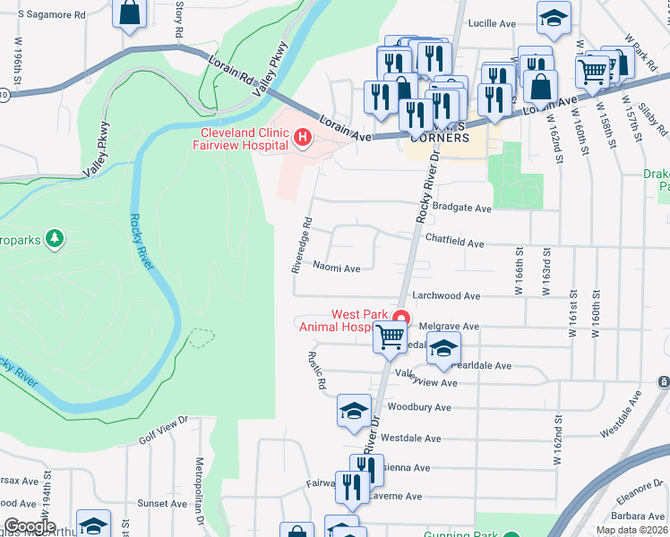 map of restaurants, bars, coffee shops, grocery stores, and more near Naomi Avenue in Cleveland