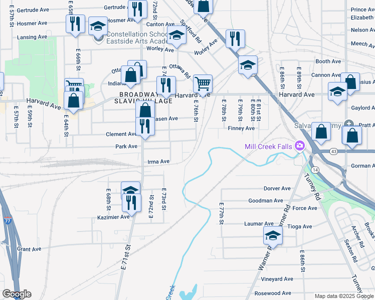 map of restaurants, bars, coffee shops, grocery stores, and more near 7509 Batavia Avenue in Cleveland