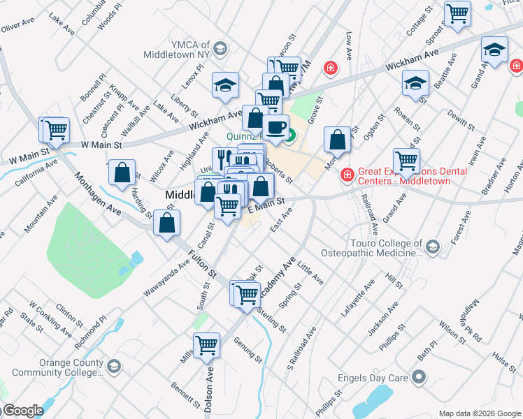 map of restaurants, bars, coffee shops, grocery stores, and more near 2 North Street in Middletown