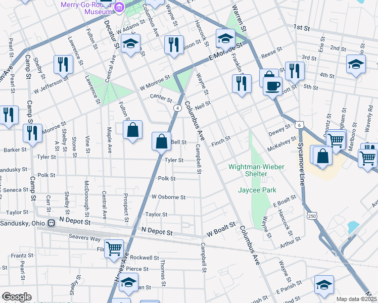 map of restaurants, bars, coffee shops, grocery stores, and more near 2112 Campbell Street in Sandusky