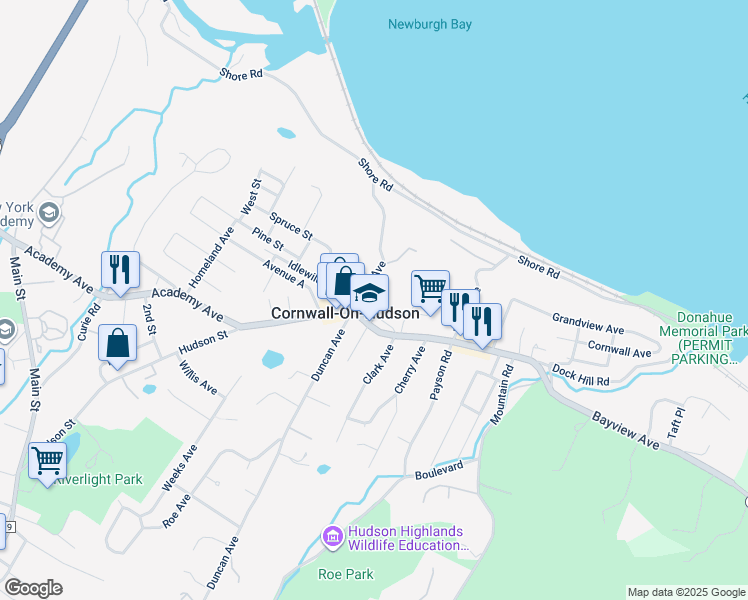 map of restaurants, bars, coffee shops, grocery stores, and more near 14 River Avenue in Cornwall-on-Hudson
